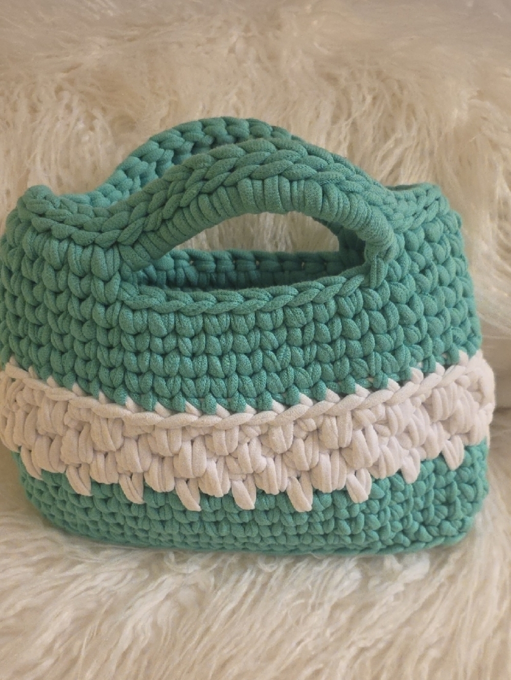 Handwoven Teal and Cream Mini Crochet Bag 11× 8.5  From the Handle to the Bottom - Picture 2 of 11